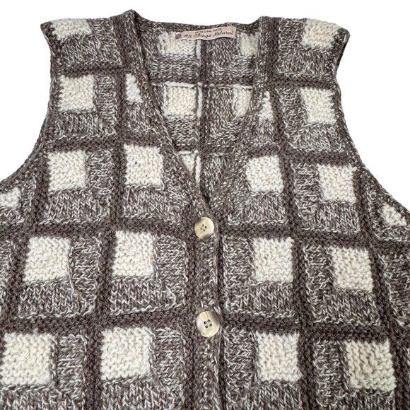VTG Check Sweater Vest Sz.M Tan Cream Wool Hand Knit Cottage Academia Grandma - Picture 3 of 11